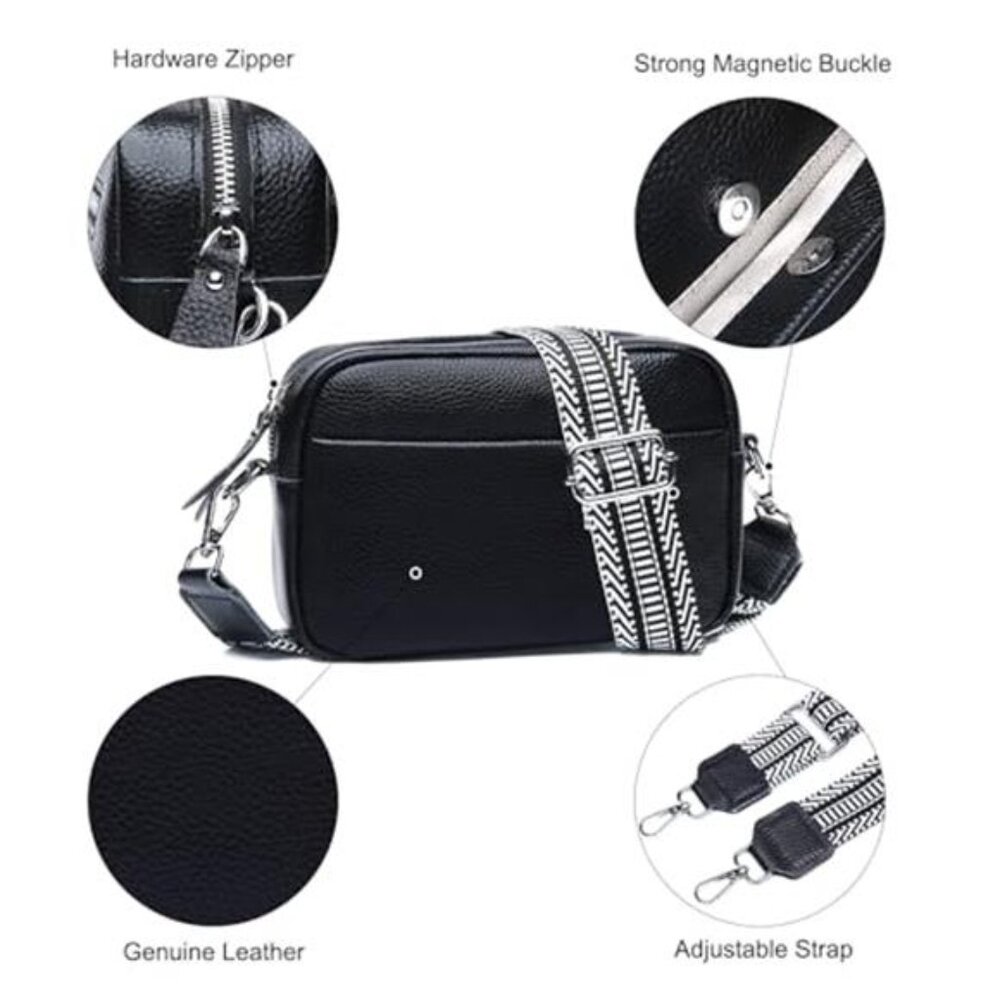 Genuine Leather Crossbody Bag Womens Rfid Camera Purse Guitar Strap Black - Picture 5 of 6